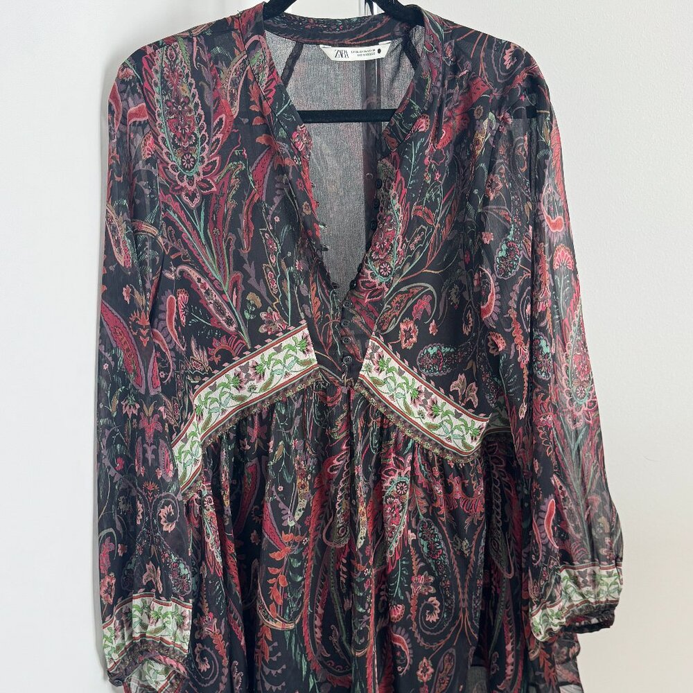 Zara Boho Paisley Sheer Mini Dress (Size XL)